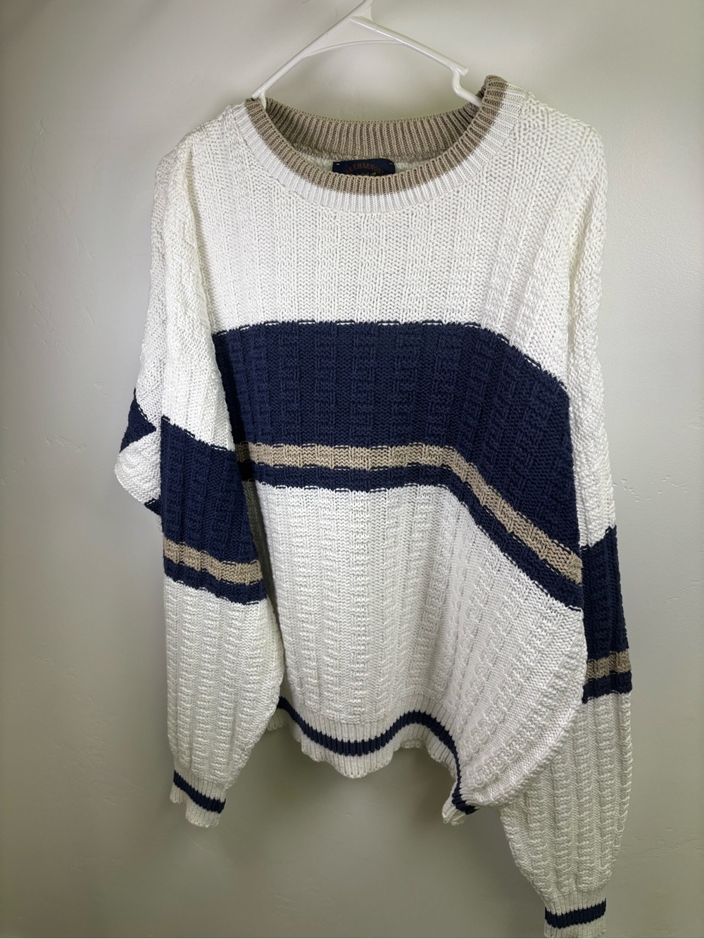 CHUNKY CABLE KNIT VINTAGE SWEATER 
MEN XL  NAVY BLUE & WHITE COTTON
LAKE HARMONY